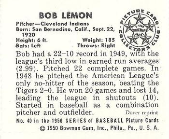 1982 Dover Publications Reprints American League #40 Bob Lemon Back
