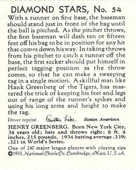 1982 Dover Publications Reprints American League #54 Hank Greenberg Back