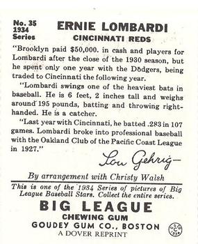 1982 Dover Publications Reprints National League #35 Ernie Lombardi Back