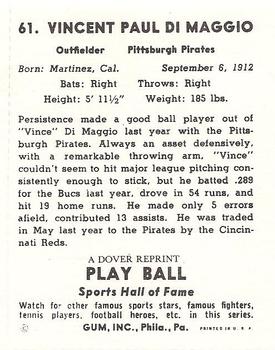 1982 Dover Publications Reprints National League #61 Vince DiMaggio Back