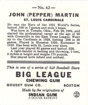 1982 Dover Publications Reprints National League #62 Pepper Martin Back