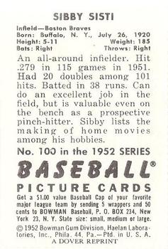1982 Dover Publications Reprints National League #100 Sibby Sisti Back