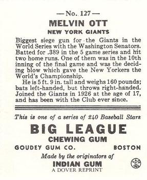 1982 Dover Publications Reprints National League #127 Mel Ott Back