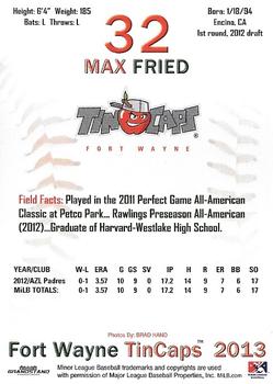 2013 Grandstand Fort Wayne TinCaps #NNO Max Fried Back