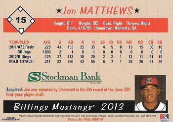 2013 Grandstand Billings Mustangs #NNO Jon Matthews Back