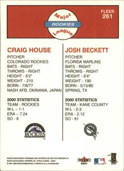 2001 Fleer Platinum #261 Craig House / Josh Beckett Back