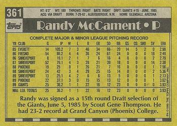 1990 Topps #361 Randy McCament Back