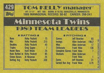 1990 Topps #429 Tom Kelly Back