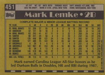 1990 Topps #451 Mark Lemke Back