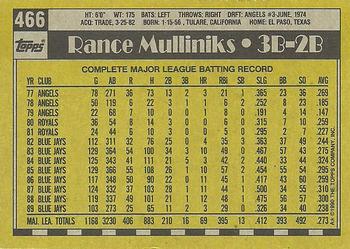 1990 Topps #466 Rance Mulliniks Back