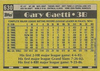 1990 Topps #630 Gary Gaetti Back