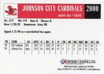 2000 Johnson City Cardinals #NNO Aneuris Diaz Back