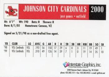2000 Johnson City Cardinals #NNO Jose Gomez Back