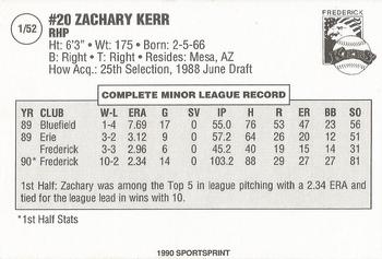 1990 SportsPrint Carolina League All-Stars #1 Zachary Kerr Back
