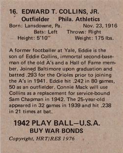 1976 HRT/RES 1942 Playball #16 Eddie Collins Jr. Back