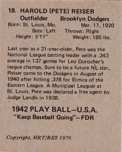 1976 HRT/RES 1942 Playball #19 Pete Reiser Back