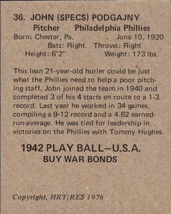 1976 HRT/RES 1942 Playball #36 Johnny Podgajny Back
