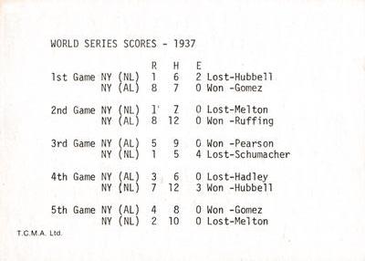 1974 TCMA 1936-1939 New York Yankee Dynasty #NNO Joe DiMaggio / Frank Crosetti / Tony Lazzeri / Bill Dickey / Lou Gehrig / Jake Powell / George Selkirk Back