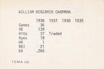 1974 TCMA 1936-1939 New York Yankee Dynasty #NNO Ben Chapman Back