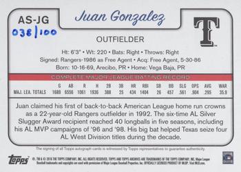 2016 Topps Archives Snapshots - Autographs #AS-JG Juan Gonzalez Back