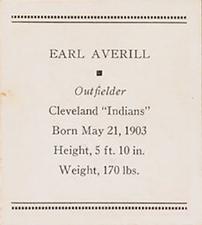 1933 Tattoo Orbit (R305) #NNO Earl Averill Back