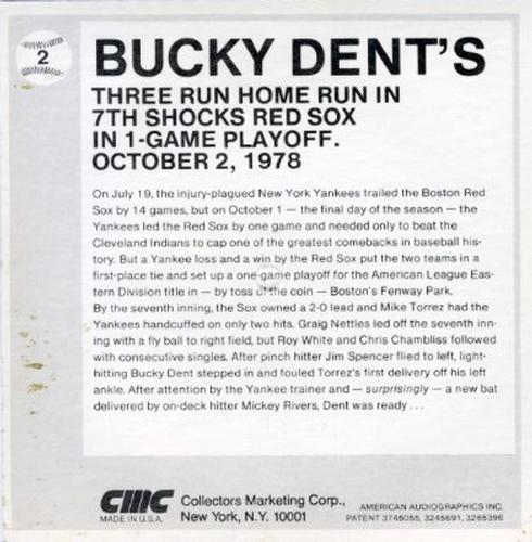 1979 CMC Talking Baseball Cards #2 Bucky Dent Back