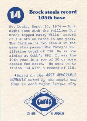 1976 Laughlin Diamond Jubilee #14 Brock steals record 105th base Back