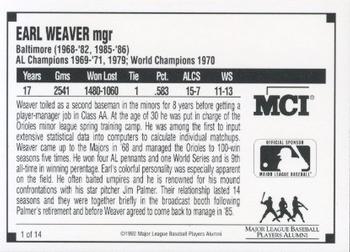 1992 MCI MLBPA Ambassadors of Baseball #1 Earl Weaver Back