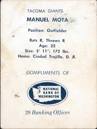 1961 National Bank of Washington Tacoma Giants #NNO Manuel Mota Back