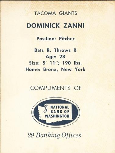 1961 National Bank of Washington Tacoma Giants #NNO Dom Zanni Back