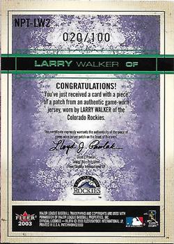 2003 Fleer Patchworks - National Patchtime Green 100 #NPT-LW2 Larry Walker Back