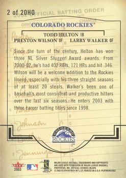 2003 Fleer Platinum - Heart of the Order #2 HO Todd Helton / Preston Wilson / Larry Walker Back