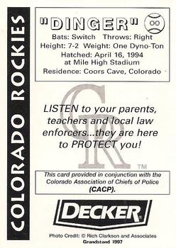 1997 Grandstand Colorado Rockies Police #00 Dinger Back