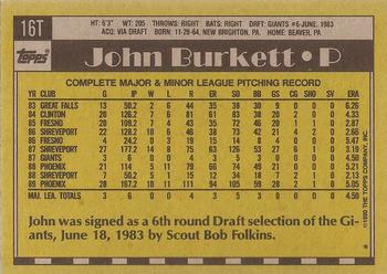 1990 Topps Traded - Gray Card Stock (Pack Version) #16T John Burkett Back