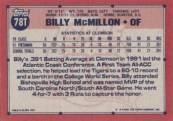 1991 Topps Traded - Gray Card Stock (Pack Version) #78T Billy McMillon Back