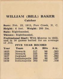 1940 Harry Hartman Cincinnati Reds (W711-2) #NNO Bill Baker Back