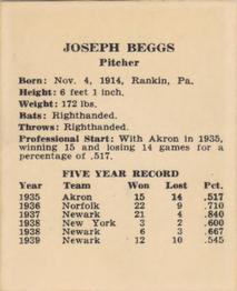 1940 Harry Hartman Cincinnati Reds (W711-2) #NNO Joe Beggs Back