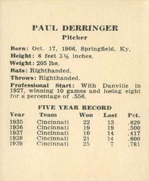 1940 Harry Hartman Cincinnati Reds (W711-2) #NNO Paul Derringer Back