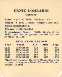 1940 Harry Hartman Cincinnati Reds (W711-2) #NNO Ernie Lombardi Back