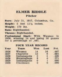 1940 Harry Hartman Cincinnati Reds (W711-2) #NNO Elmer Riddle Back