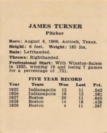 1940 Harry Hartman Cincinnati Reds (W711-2) #NNO Jim Turner Back
