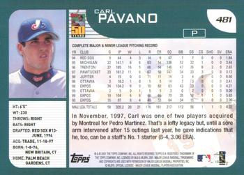 2001 Topps #481 Carl Pavano Back