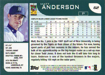 2001 Topps #62 Matt Anderson Back