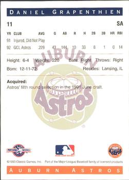 1993 Classic Best Auburn Astros #11 Daniel Grapenthien Back