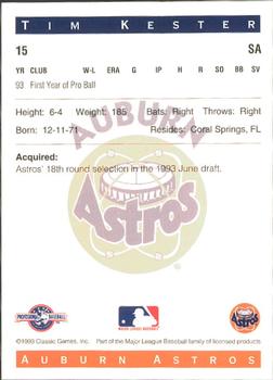 1993 Classic Best Auburn Astros #15 Tim Kester Back
