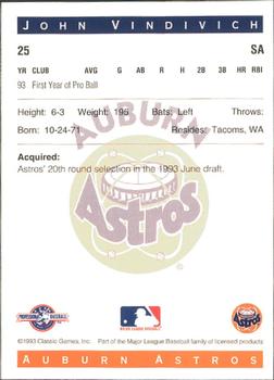 1993 Classic Best Auburn Astros #25 John Vindivich Back