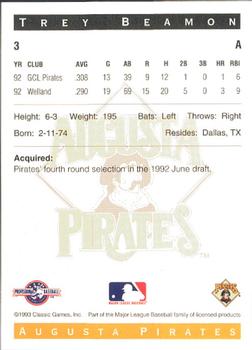 1993 Classic Best Augusta Pirates #3 Trey Beamon Back