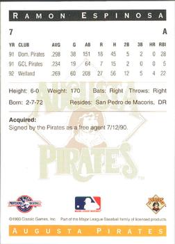 1993 Classic Best Augusta Pirates #7 Ramon Espinosa Back