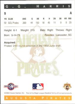 1993 Classic Best Augusta Pirates #9 G.G. Harris Back