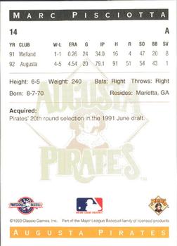 1993 Classic Best Augusta Pirates #14 Marc Pisciotta Back